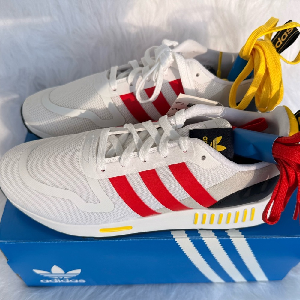 Multix Adidas White Sneakers with Red Stripes and Yellow Accents